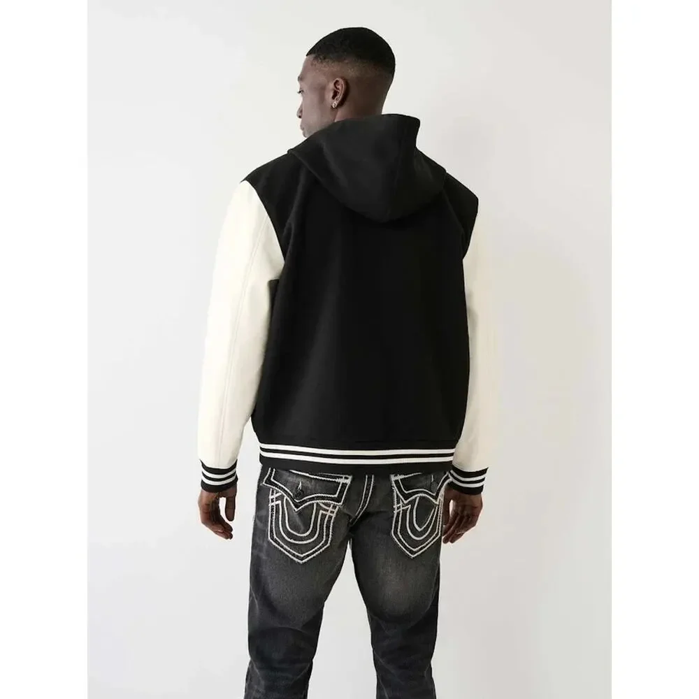 True Religion Men's Varsity Jacket -Black/White/Tan Snap Hooded Logo NWT XL